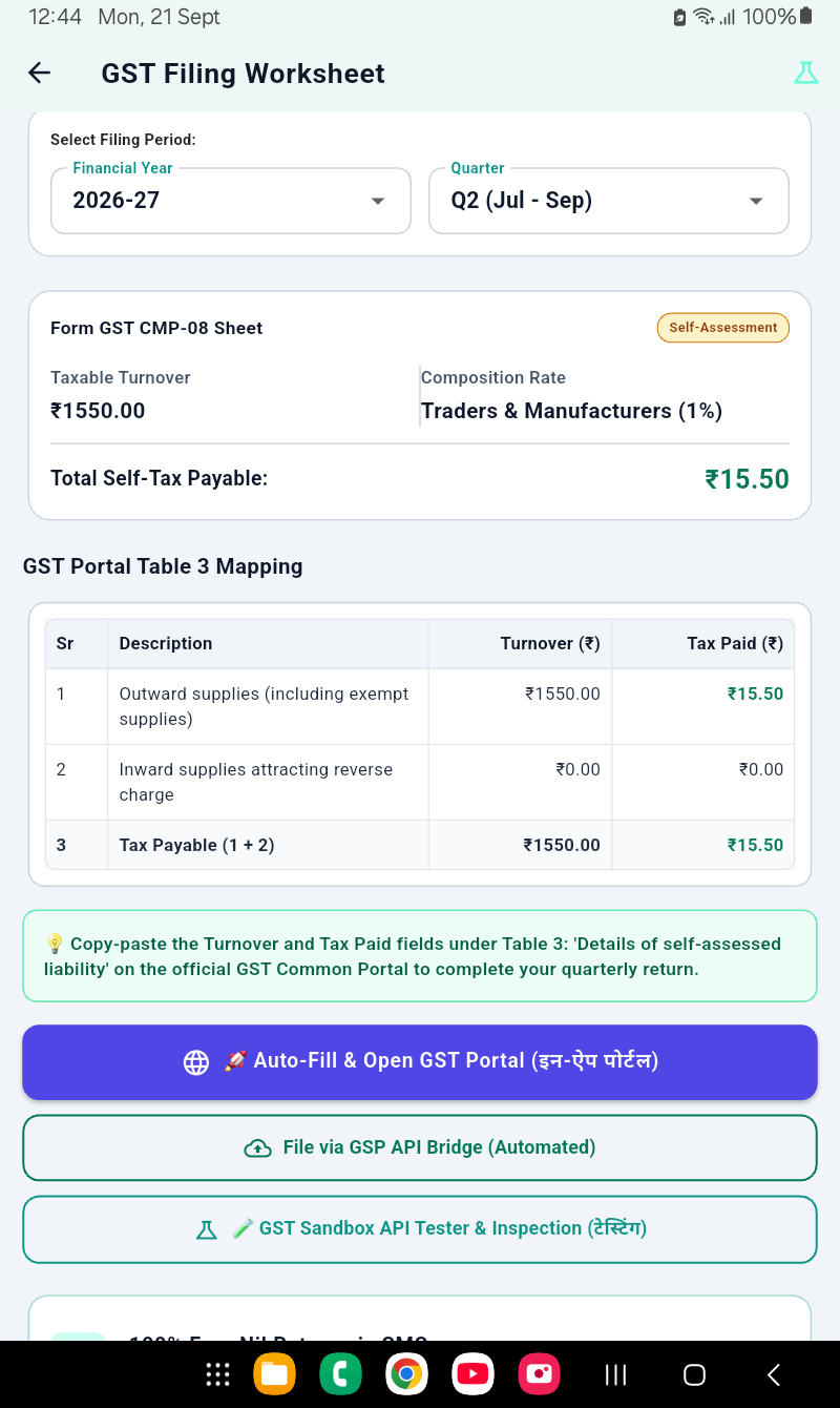 RaoGST Form GST CMP-08 and GSTR-4 Return Worksheet